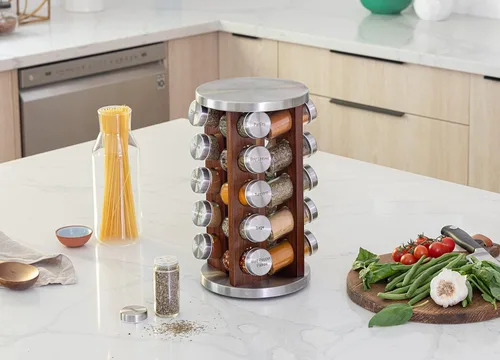 Miniatura 7 de Orii Repisa para 20 tarros de madera de acacia oscura con especias incluidas - Organizador giratorio en torre para especias y condimentos de cocina