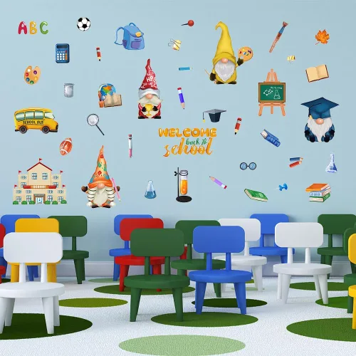 Miniatura 4 de ALIBBON Calcomanías de pared de bienvenida de regreso a la escuela para aula, calcomanías de gnomo para niños, calcomanías de primer día de escuela