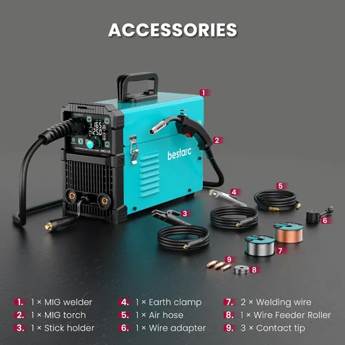 Miniatura 7 de Bestarc 165Amp Soldador MIG, 110V 220V Soldador de núcleo de flujo MIG/Lift TIG/Stick Máquina soldadora 4 en 1, Soldador con gran pantalla LED