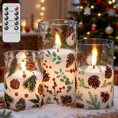Miniatura 9 de GenSwin Velas de Navidad sin llama con temporizador remoto, juego de 2 velas LED de Navidad que funcionan con pilas con casa de nieve, Papá Noel