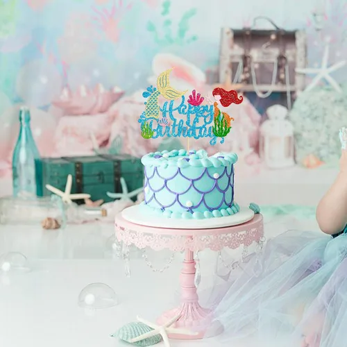 Miniatura 6 de Gyufise 1 pieza de decoración de pastel de sirena de feliz cumpleaños con purpurina de animales del océano, conchas marinas, cola de sirena