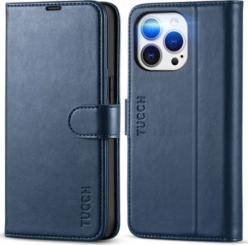 Miniatura 11 de TUCCH Funda tipo cartera para iPhone 13 Pro, tarjetero con bloqueo RFID, soporte magnético de piel sintética, funda protectora de poliuretano Negro