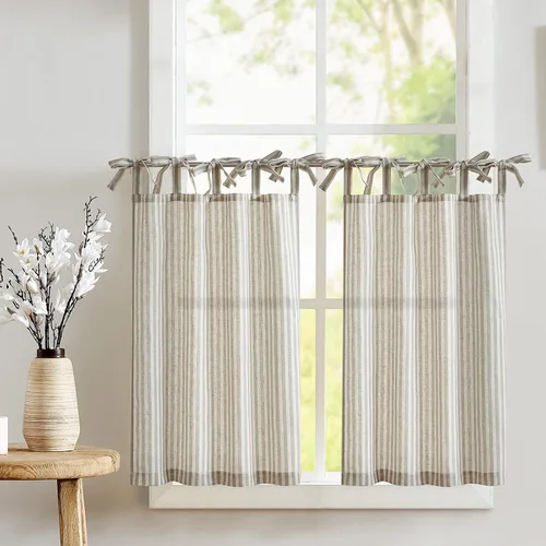 Miniatura 52 de jinchan - Cortinas de lino a rayas para cocina de 20 pulgadas de largo, cortinas de varios niveles, estilo granja moderna de café, tratamientos