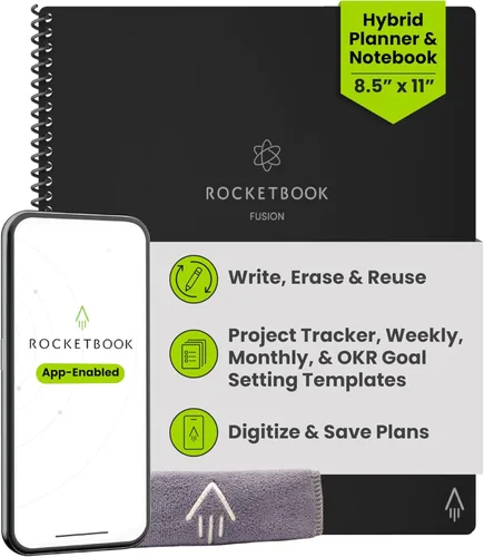 Miniatura 24 de Rocketbook Fusion Hybrid - Planificador y cuaderno reutilizables en uno, páginas en blanco adicionales, rastreador de metas y proyectos, Azul marino