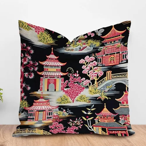 ArogGeld Chinoiserie - Funda de cojín decorativa con diseño de pagoda y flor de color carbón, estilo asiático, estilo chinoiserie, casa de campo, A-1