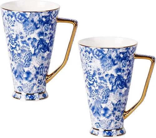 KAMMAK Tazas de café de cerámica de 18 onzas de alto, juego de 2 tazas de té grandes con asa, tazas de té vintage, taza de capuchino para latte,