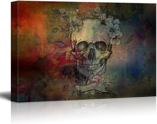 Miniatura 16 de wall26 - Lienzo decorativo para pared, calavera y flores sobre fondo abstracto, arte moderno para el hogar, listo para colgar, 32 x 48 pulgadas Obra