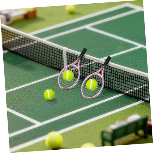 Miniatura 8 de Miniatures 3 juegos de mini raqueta de tenis, accesorios para casa de muñecas 1:12, mini raqueta de tenis deportiva y juego de pelota para mini casa