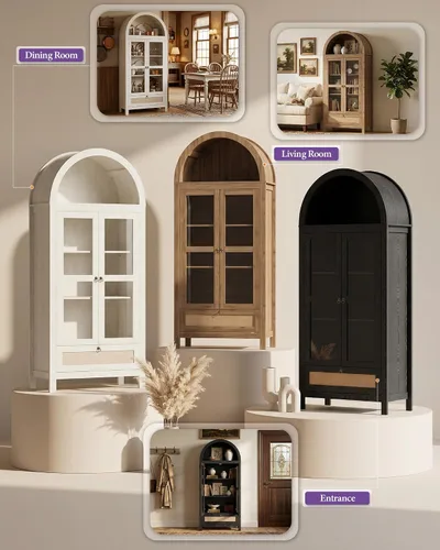 Miniatura 7 de TYBOATLE Armario de despensa arqueado de 71 pulgadas de alto con cajón innovador, armario de cocina con dispositivo antivuelco y puerta de vidrio