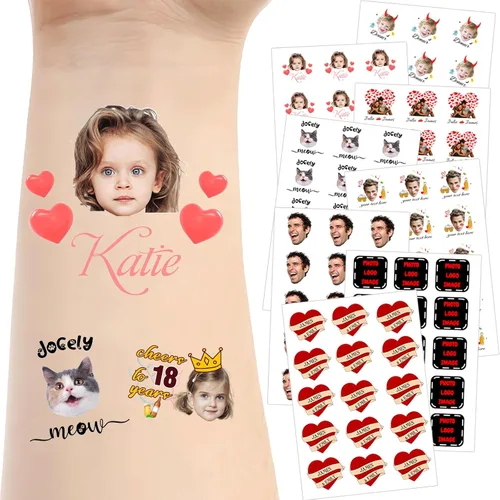 Miniatura 15 de Tatuajes temporales personalizados para la cara, tatuajes faciales personalizados con nombre de foto, logotipo, texto, calcomanía de tatuaje falsa