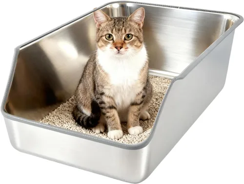 Miniatura 8 de Caja de arena para gatos de acero inoxidable con lados altos, bandeja de arena de metal extragrande para gatos, caja de entrada baja para gatos