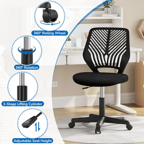Miniatura 4 de Topeakmart Silla de oficina sin brazos, silla de estudio de computadora giratoria ajustable de malla para espacios pequeños, color negro