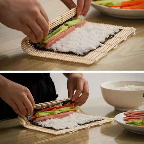 Miniatura 8 de GARASANI Paquete de 2 kits de fabricación de sushi de bambú, 2 tapetes de bambú natural, 1 cepillo de cocina, 9.4 x 9.4 pulgadas (beige)