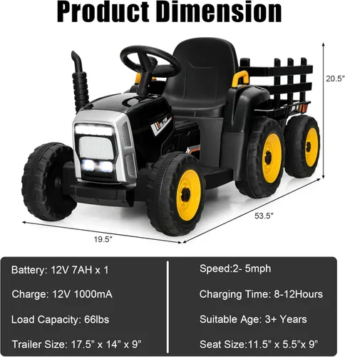 Miniatura 6 de Costzon Tractor de paseo con remolque desmontable, vehículos eléctricos para niños con pala cargadora de cambio de 3 marchas, diseño inalámbrico