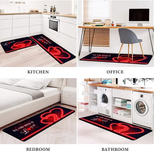 Miniatura 6 de Juego de 2 alfombras y tapetes de cocina, para el día de San Valentín, decoración de corazón rojo, antideslizantes, parte trasera de goma