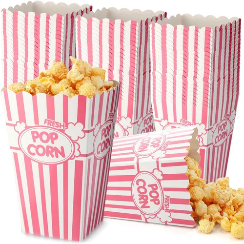 Miniatura 12 de Xinnun 100 piezas Cajas de palomitas de maíz 32 oz Cubos de papel clásicos con rayas desechables a prueba de aceite Caja abierta retro para Azul