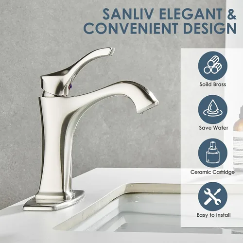 Miniatura 3 de Grifo de Baño de Níquel Cepillado, Grifo de Lavabo de Baño Centerset de Una Sola Manija Sanliv con Desagüe Pop-Up y Placa de Cubierta