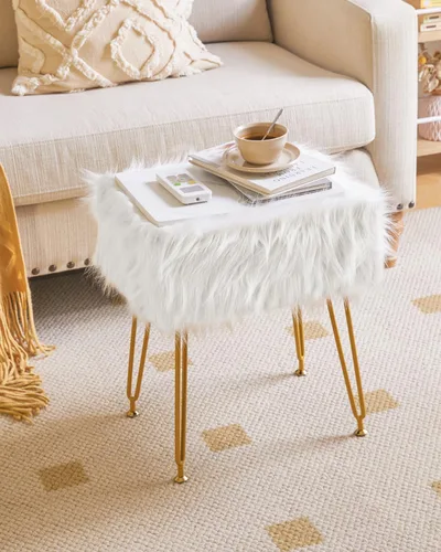 Miniatura 8 de IBUYKE Taburete rectangular de piel sintética con almacenamiento, silla de maquillaje peluda, asiento acolchado suave, reposapiés redondo con 4
