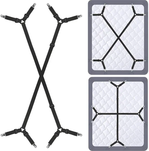 Miniatura 10 de Pinzas para sábana de cama - 2 formas ajustables, correas de esquina para sábanas entrecruzadas, banda elástica de sujeción, correas para colchón