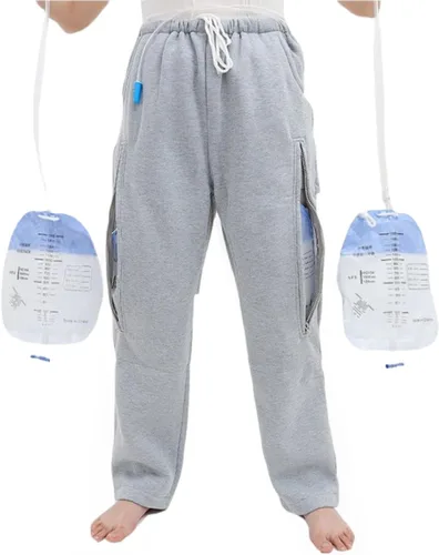 Miniatura 8 de Pantalones de catéter para hombres y mujeres, pantalones con soporte para bolsas de orina y piernas con bolsillos dobles con cremallera para dos