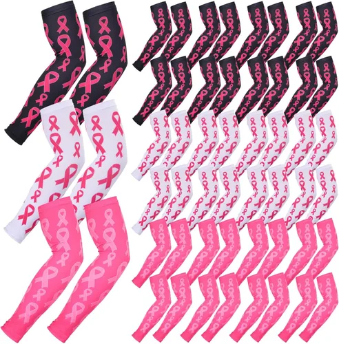 Miniatura 7 de Zhehao 24 pares de mangas de compresión para brazo para concientización sobre el cáncer de mama, manga deportiva para béisbol, fútbol, mujeres