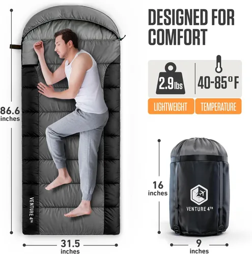 Miniatura 2 de VENTURE 4TH Saco de dormir para mochileros – XXL, tamaños dobles e individuales – Saco de dormir ligero para clima cálido y frío para adultos, niños