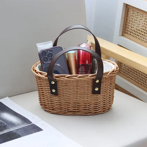 Miniatura 5 de Cesta de mimbre para picnic con dobles asas de cuero, cesta natural de sauce para huevos de Pascua, dulces, vino, juguetes, flores y regalos de boda