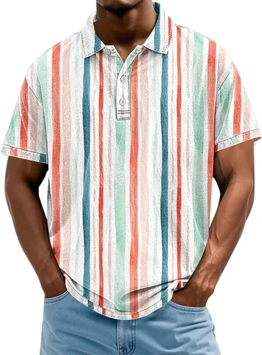 Miniatura 22 de Camisa polo de manga corta para hombre, camiseta de golf a rayas, de manga corta, para vacaciones, casual, cuello en V, camiseta de verano con Rojo