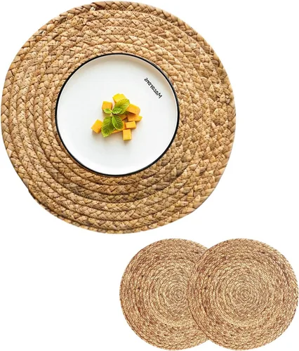 Miniatura 12 de Juego de 6 manteles individuales redondos tejidos con 6 posavasos, manteles individuales de jacinto de agua natural, manteles individuales de ratán