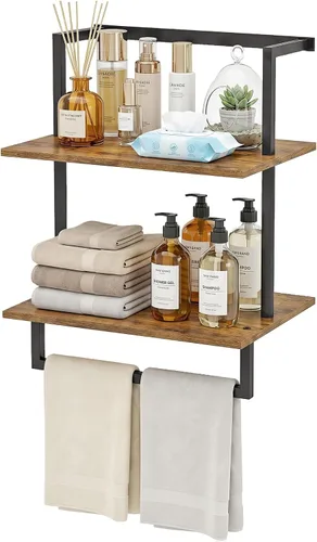 Miniatura 8 de Toallero montado en la pared para baño, soporte de almacenamiento de baño, estante de toalla de madera de acero de 3 niveles con barra, negro