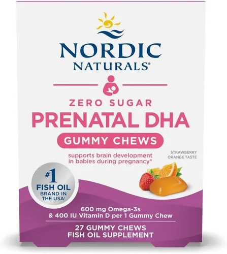 Nordic Naturals Zero Sugar DHA - Gomitas prenatales de vitamina sabor fresa y naranja, 27 gomitas - Suplementos para el embarazo - 600 mg de aceite
