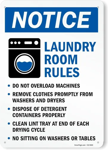 SmartSign Aviso sobre las reglas de lavandería - No sobrecarga, quitar la ropa, desechar detergente, limpiar pelusa, no sentarse, letrero de metal,
