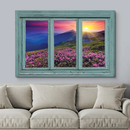 Miniatura 3 de wall26 - Cuadro en lienzo para pared, puesta de sol naranja sobre campo de margaritas rosadas, montaña, naturaleza, desierto, fotografía, realismo