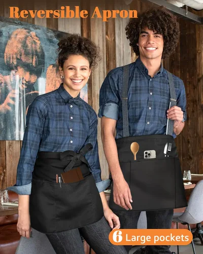 Miniatura 3 de Slohif Delantal Reversible de Servidor con 6 Bolsillos - Delantal de Cintura para Camarera Mujeres Delantal Corto de Media Porción Camarero