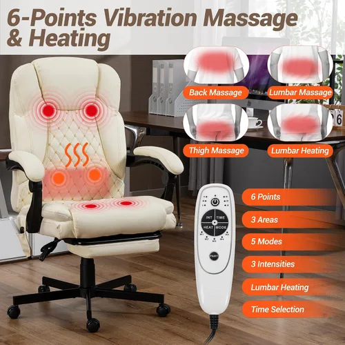 Miniatura 4 de Silla de oficina de masaje con reposapiés, 6 puntos de vibración y Heaing, silla ejecutiva ergonómica de escritorio para oficina en casa