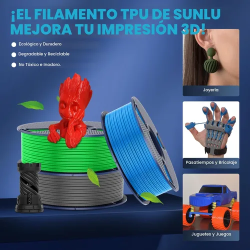 Miniatura 8 de SUNLU TPU - Filamento para impresora 3D de 1.75mm, filamento TPU de alta velocidad 95A, filamento 3D flexible de 1KG para impresión rápida, 35.27 oz