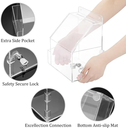 Miniatura 5 de BTSKY Caja de sugerencias de acrílico con candado, caja de donación acrílica montada en la pared con ranura para letrero de 5 x 7 pulgadas, urnas