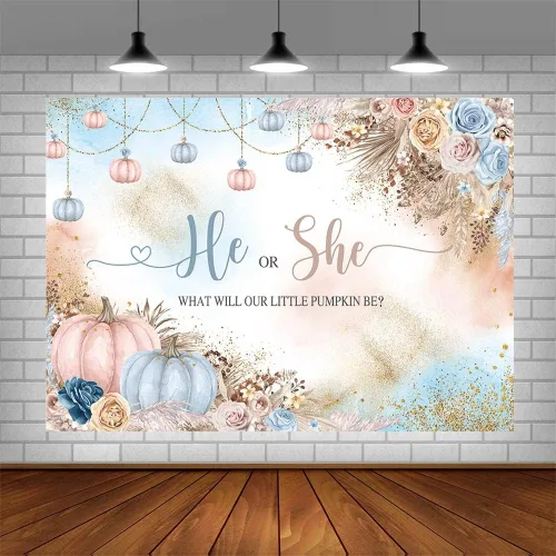 Miniatura 3 de AIBIIN Telón de fondo de revelación de género de 7 x 5 pies con texto en inglés "He or She What Will Our Little Pumpkin Be Background", color rosa