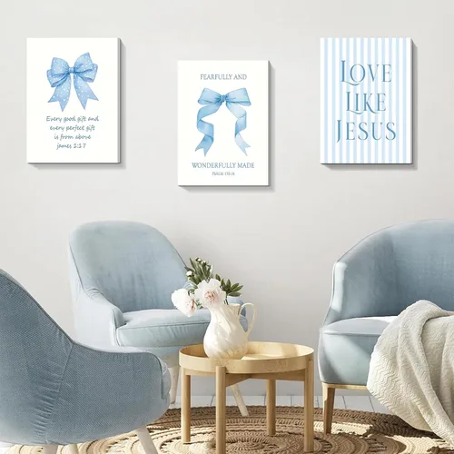 Miniatura 6 de Decoración de pared de 3 piezas con lazos azul claro, decoración de pared para habitación de niña adolescente de Jesús, bonitas imágenes