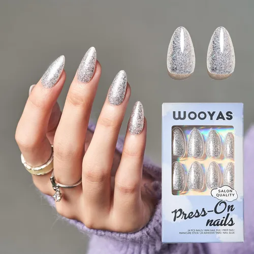 Miniatura 8 de Uñas postizas a presión de color almendra mediana, color dorado champán, brillante, kit de puntas de uñas postizas con mini lima de uñas, ajuste