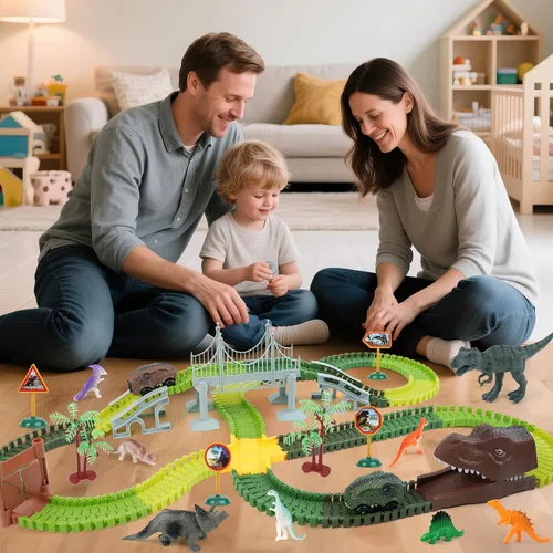 Miniatura 6 de Pista de carreras de dinosaurios para niños - Regalos de cumpleaños para niños de 3, 4, 5, 6, 7 años, set de pista de autos flexible de más de 280