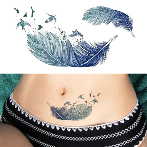 2 hojas de tatuajes temporales pequeños de plumas degradadas azules pequeñas para mujeres adultas, plumas de acuarela realistas, arte corporal