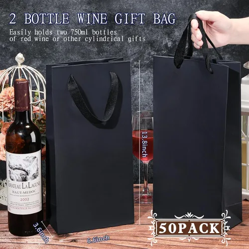 Miniatura 2 de Yeaqee Paquete de 50 bolsas de vino para botellas dobles de vino, regalos de 6.6 x 3.6 x 13.8 pulgadas, bolsas para botellas de manualidades, bolsas