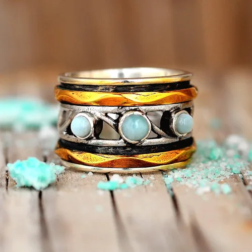Miniatura 6 de Boho-Magic Anillo giratorio Larimar de plata de ley 925 para mujer con bandas giratorias de latón, Metal no precioso Piedra preciosa, larimar