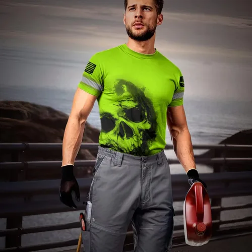 Miniatura 7 de Camisa de Alta Visibilidad con Cráneo para Hombre, Camisas Reflectantes de Seguridad con Bandera de EE. UU., Nombre Personalizado para Ropa