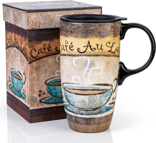 Miniatura 13 de Topadorn Taza de viaje de cerámica de 17 onzas con tapa, rosa acuarela y flores a cuadros, resistente a derrames, apta para microondas y Verde & Rosa