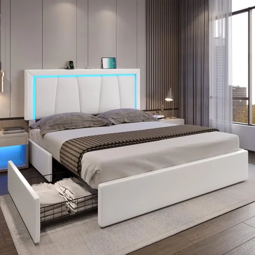 Miniatura 11 de DICTAC Marco de cama tamaño completo con cabecera y 4 cajones de almacenamiento, moderna plataforma de cama tapizada en cuero sintético
