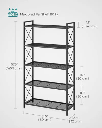 Miniatura 3 de SONGMICS Estante de almacenamiento de metal de 5 niveles, estantería con marcos laterales en X, malla densa, 12.6 x 31.5 x 57.3 pulgadas, para Negro