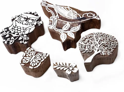 Juego de 5 sellos de impresión de madera, estampados florales de pájaros tallados a mano para hacer tarjetas, álbumes de recortes y manualidades en
