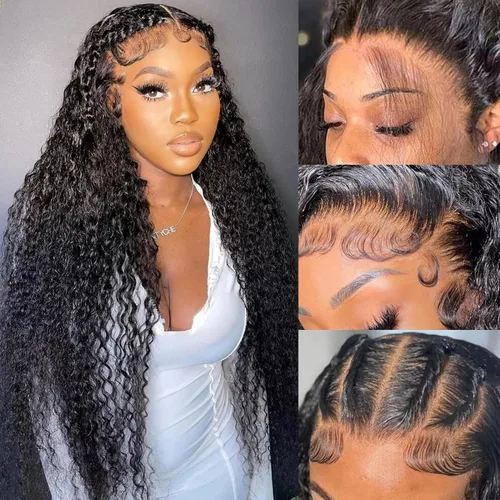 Miniatura 17 de Pelucas de cabello humano ondulado con encaje frontal 360 con correa oculta, nudos blanqueados, sin pegamento, previamente despuntadas, precortadas